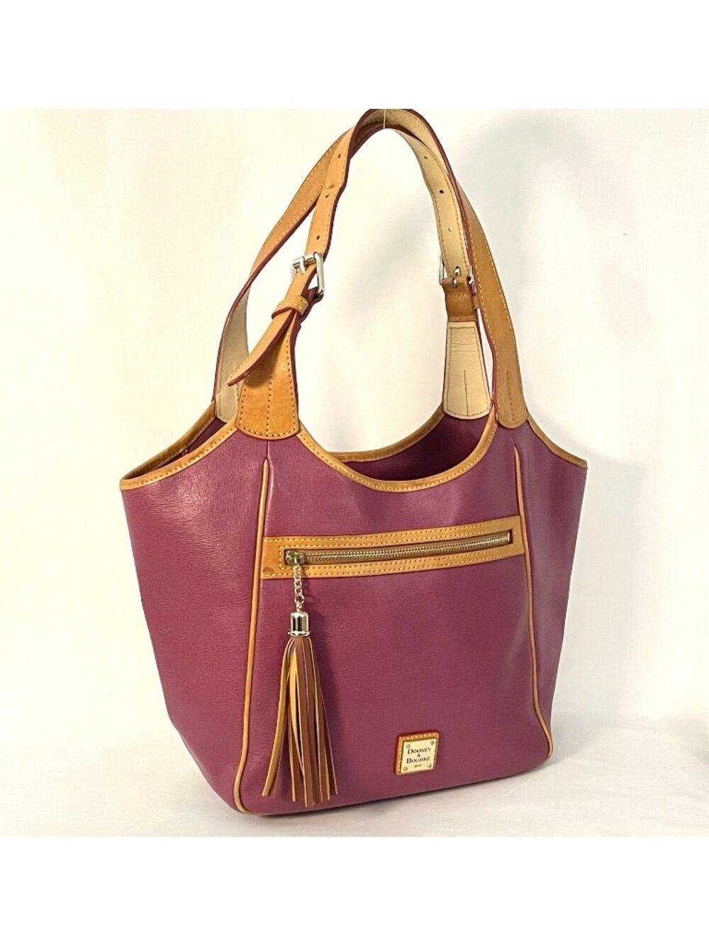 Dooney & Bourke Maddie Bag Purple Leather Satchel Red Lining Tassel Tote